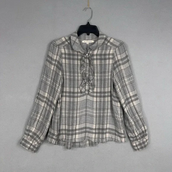 Xirena Shirt Womens XS Gray Plaid Flannel Ruffle Long Sleeve Boho Made in USA - Picture 1 of 15